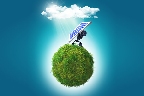 3d render of a robot holding a solar panel on a grassy globe